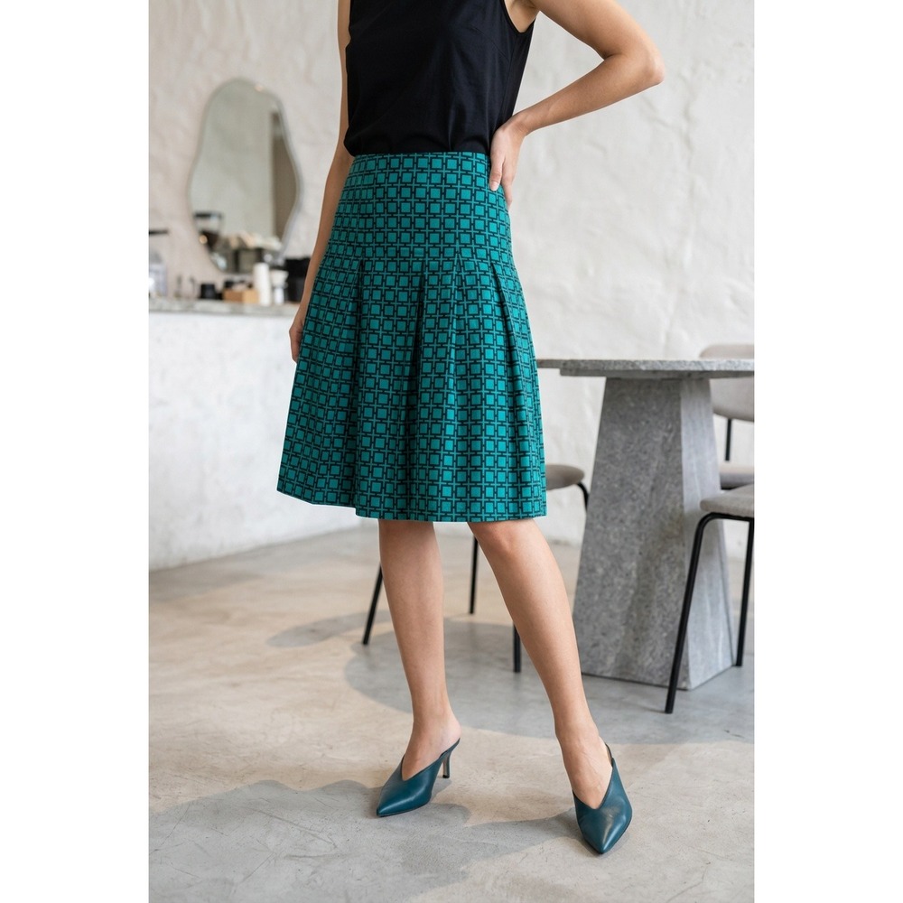 Gene Meyer Teal Green Black Geometric Grid Pleated A-Line Midi Skirt Women Sz 10
